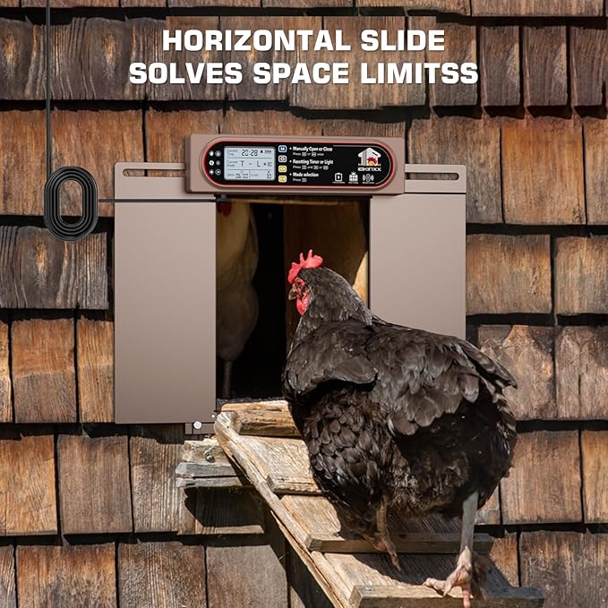 Automatic Chicken Coop Door with Horizontal Dual Opening, Remote & Manual Control, USB Backup, Predator-Proof Larger Opening Size House Door Solar Powered for Chicken, Duck and Poultry, Gold