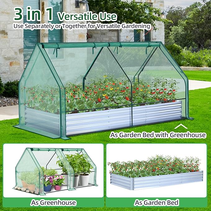 Ohuhu Raised Garden Bed with Greenhouse, 8x4x1 FT Galvanized Metal Planter Box with PE Cover, 4 Doors for Ventilation, 3-in-1 Gardening Set for Vegetable Flower Herb Succulent