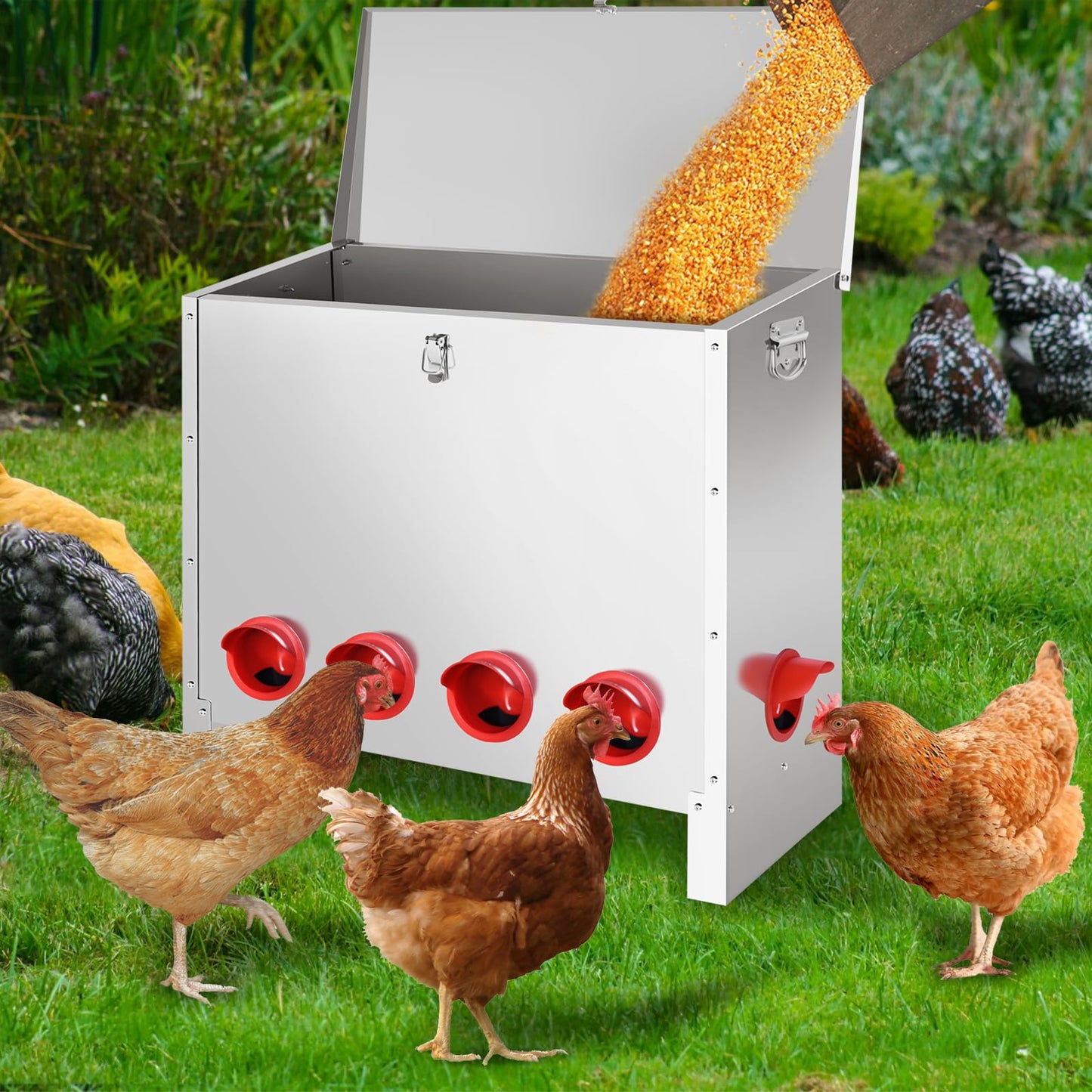 YXJSTO Metal Chicken Feeder 85 lbs Capacity, Galvanized Chicken Feeder with 10 Ports, Waterproof Automatic Poultry Feeder Suitable for Geese, Ducks, Turkeys, Quails