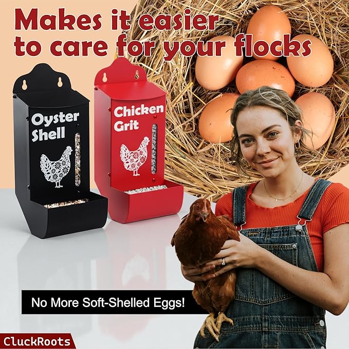 Chicken Coop Accessories Oyster Shell Feeder & Chicken Grit Feeder Set, No-Waste All‑Weather Thick‑Wall Design, Lift-Off Wall-Mounted Gravity Dispenser w/Rain Lid, Chickens Gifts for Chickens Lovers