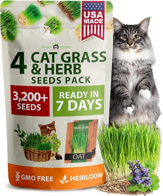 Home Grown 3200+ Indoor Cat Grass Refill – Non-GMO USA Grown Catnip, Oat & Alfalfa Seeds – Cat Grass Kit Replacement – Fast-Growing Pet Grasses for Cats’ Digestion & Hairball Relief