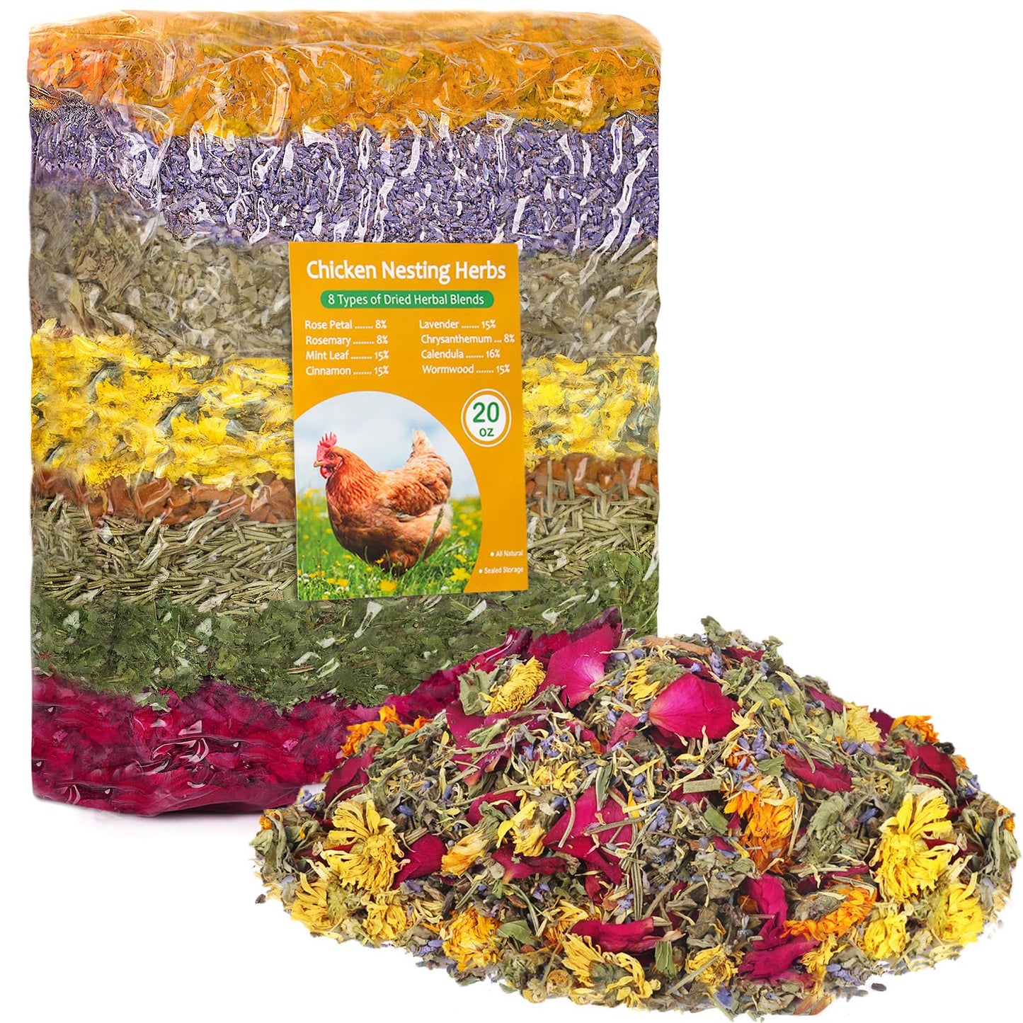 20oz Chicken Nesting Box Herbs - Natural Vacuum-Packed Blend of 8 Dried Flowers & Herbs - Bulk Herbs for a Fresh Chicken Coop, Promote Healthy Hens, Enhance Comfort & Boost Eggs Laying