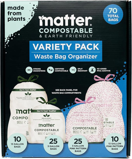 Matter Compostable Variety Pack 3 Gallon and 13 Gallon Kitchen Trash Bags with Drawstring, Unscented, Durable, Leak-Resistant, Eco-Friendly, 70 Count