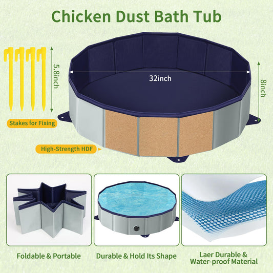 Chicken Dust Bath Tub - 32"D & 8"H Foldable Chicken Coop Accessories to Mix Sand Chilli DE Or Lime Dust in Chicken House, Keep Poultry Hens, Rooster, Button Quail Healthy & Clean, Double as Duck Pool