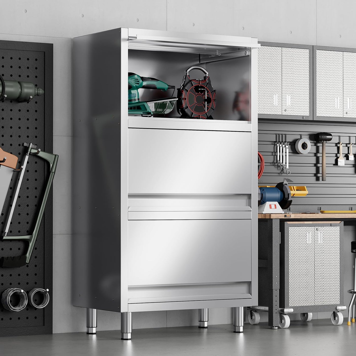 EHONXI 3-Tier Stainless Steel Storage Cabinet, Freestanding Commercial Kitchen Cabinet with Flip-up Doors, Heavy Duty Garage Storage Rack for Warehouse Shop, 19.69" D x 31.5" W x 59.06" H