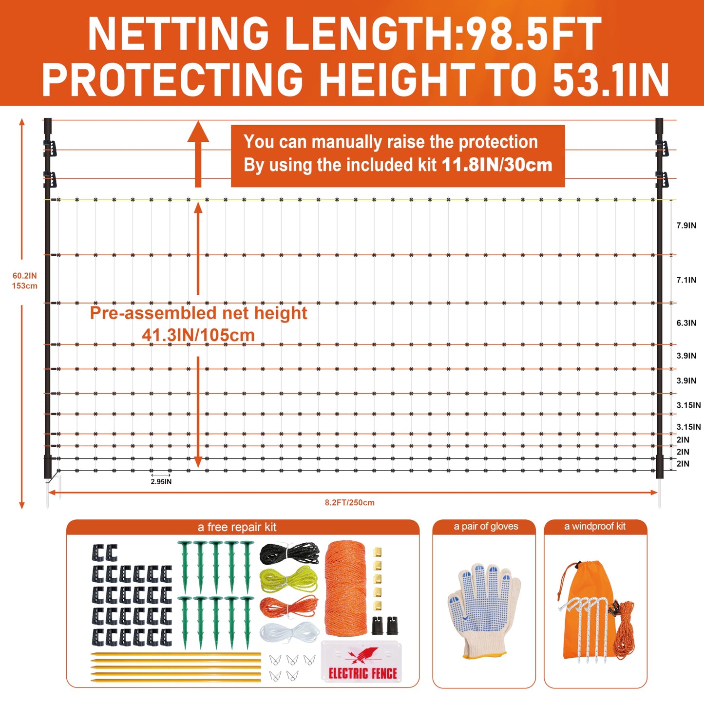 Poultry Electric Netting Fence - 41.3''H (can be Manually Raised to 53.1''H) x 98.5'L for Flying Chicken, Sheep, Goats in Farms, Ranches and Gardens, PK1