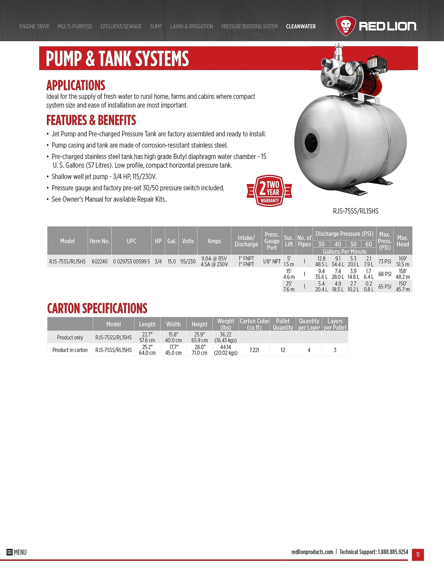 Red Lion RJS-75SS/RL15HS 115/230 Volt 3/4 HP, 12.8 GPM Stainless Steel Shallow Well Jet Pump and 15 Gallon Tank System, Stainless Steel, 602240