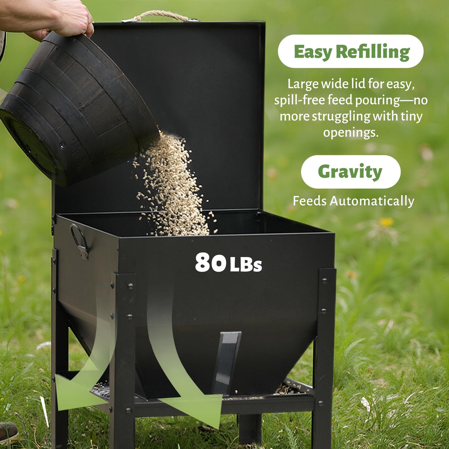 KOL 80LBs Chicken Feeder No-Waste, Galvanized Steel Large Capacity Chicken Feeder, Portable Poultry Feeder with Waterproof Lid for Hens and Roosters, Coops & Outdoors