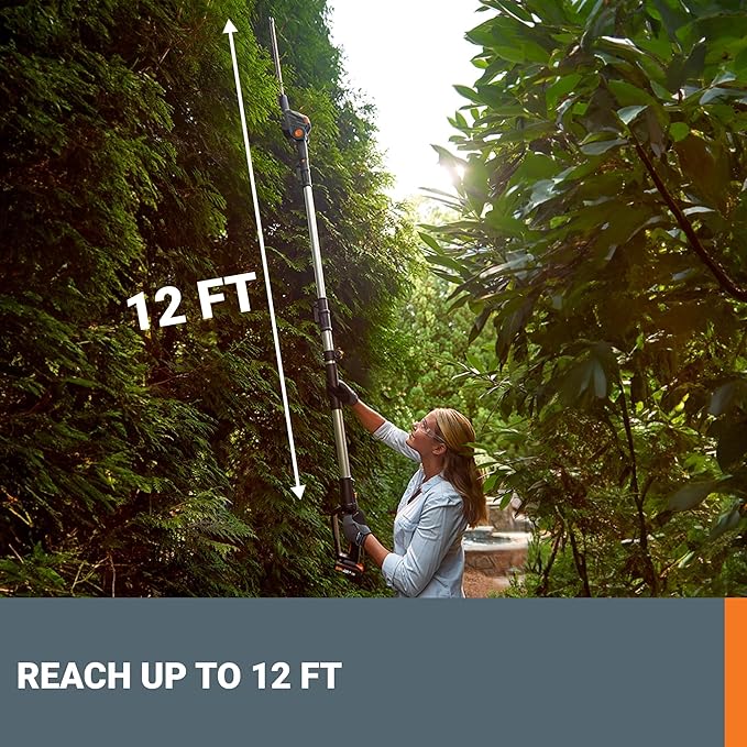 WORX WG252.9 20" 20V Cordless Hedge Trimmer, Pole Hedge Trimmer Reaches up to 12 Inches with Extended Pole, Electric Bush Trimmer with 180° Rotation Head, Battery & Charger Not Included