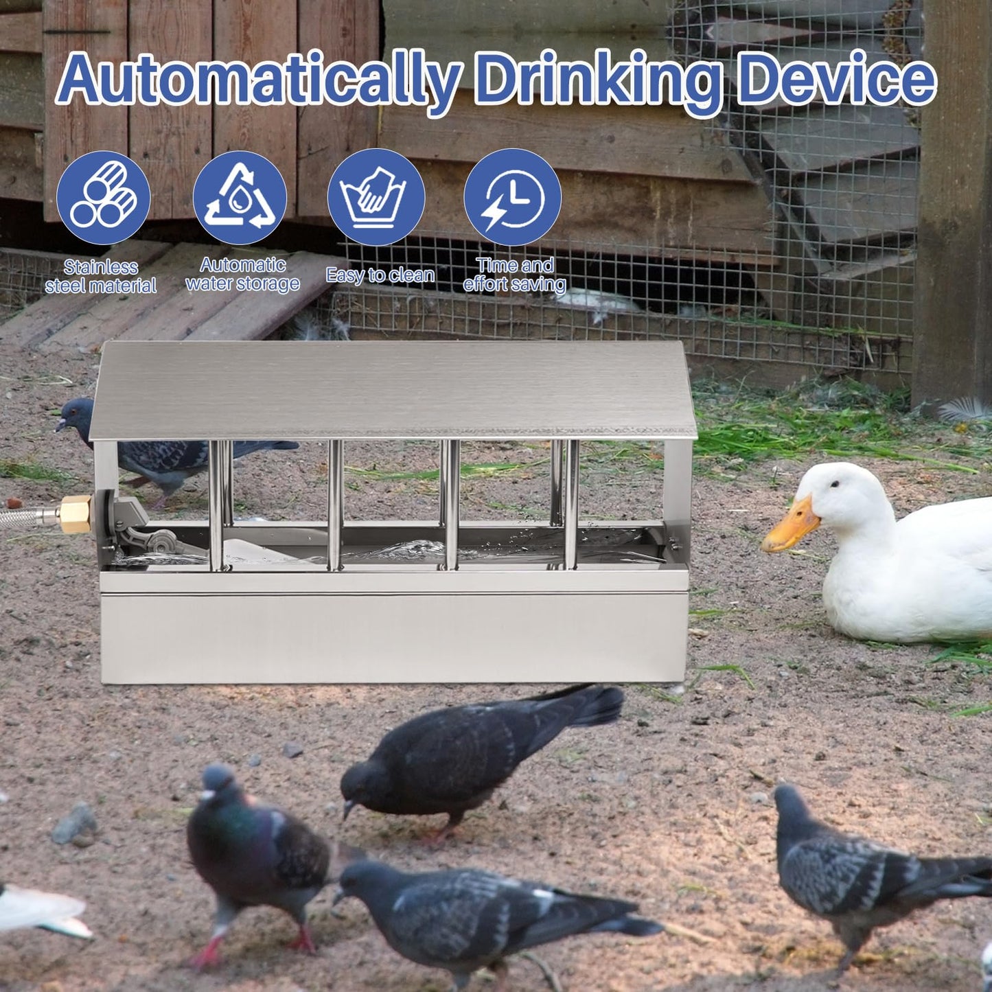 Automatic Chicken Waterer Stainless Steel Large Metal Chicken Waterer System Poultry Waterer Dispenser with Float Valve Kit Hose Accessories for Pigeon, Duck, Goose