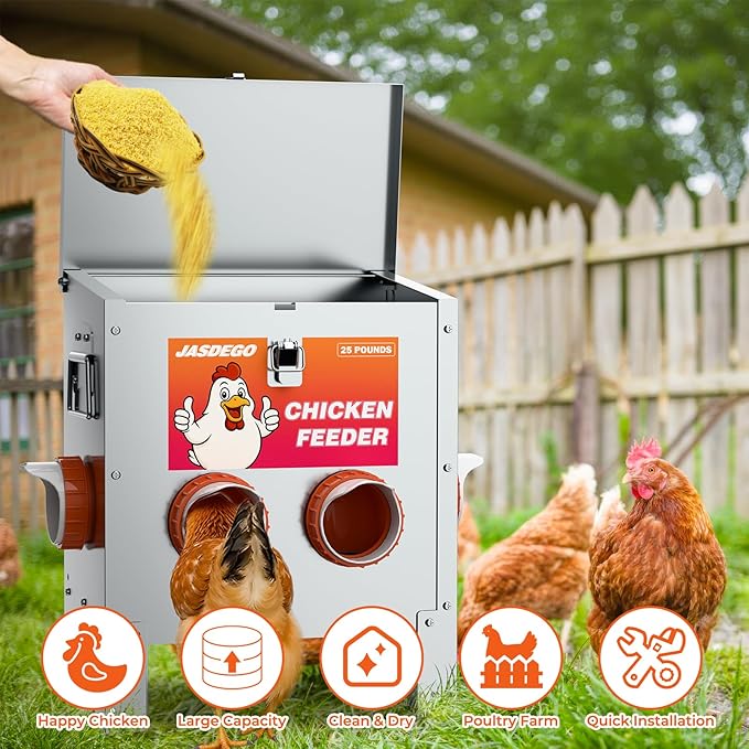 4 Ports Metal Chicken Feeder No Waste 25 Pounds Automatic Poultry Feeder with Latch & Handle for Chickens Bantams Pheasants Poultry Coop Rodent Proof