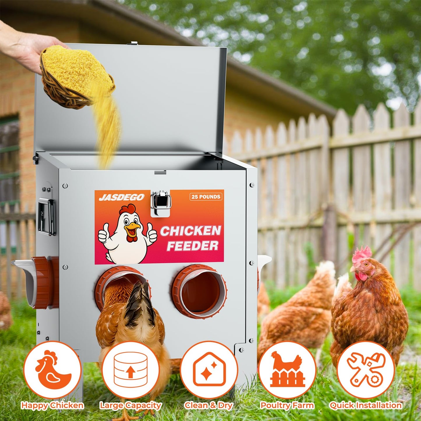 JASDEGO 4 Ports Metal Chicken Feeder No Waste 25 Pounds Automatic Poultry Feeder with Latch & Handle for Chickens Bantams Pheasants Poultry Coop Rodent Proof