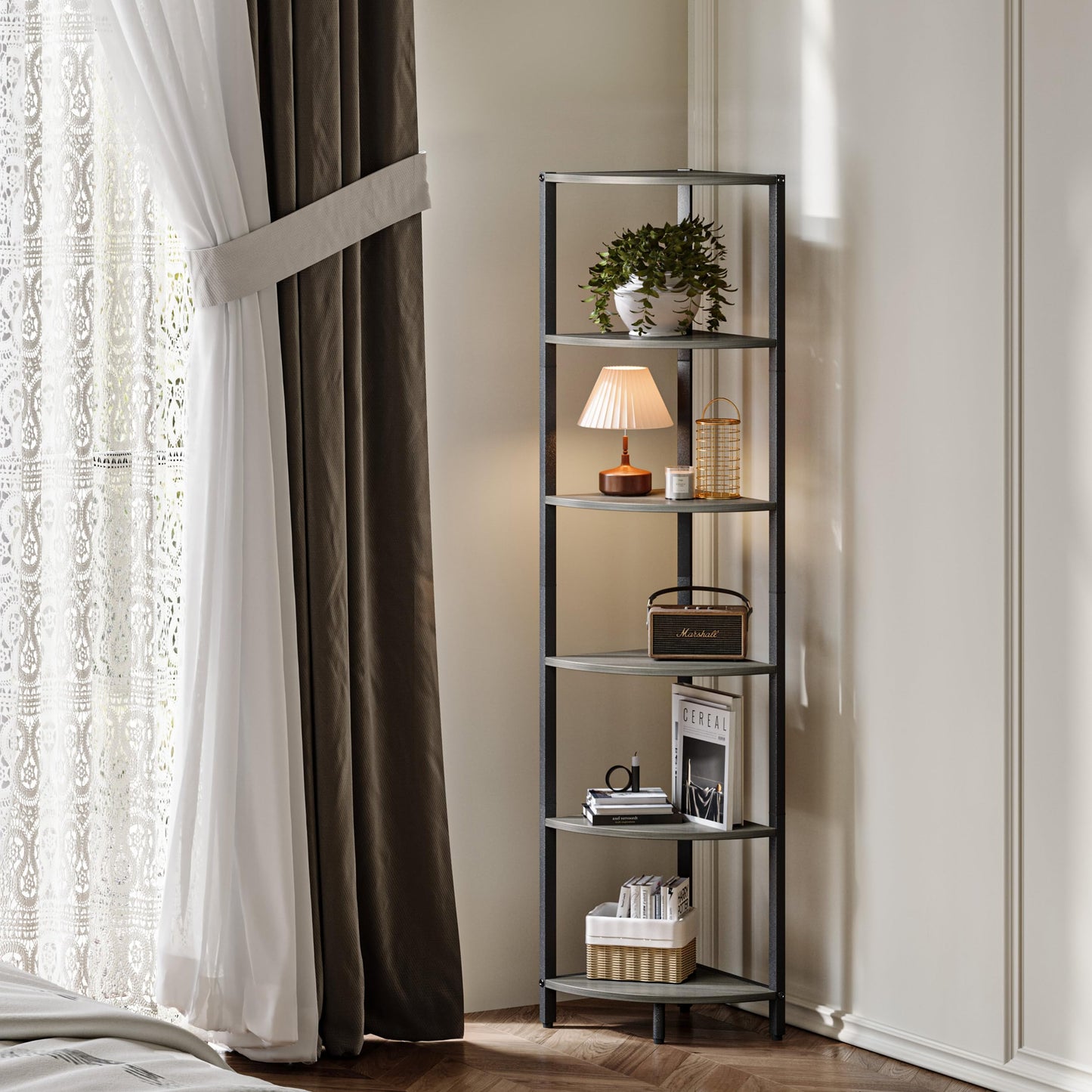 IRCPEN 6 Tier Corner Shelf 63.1" Tall Ladder Corner Storage Shelf Rack Grey Woodgrain Industrial Standing Bookshelf Shelf Organizer Display Rack Bookcase Plant Stand for Living Room Bedroom CS-001GW