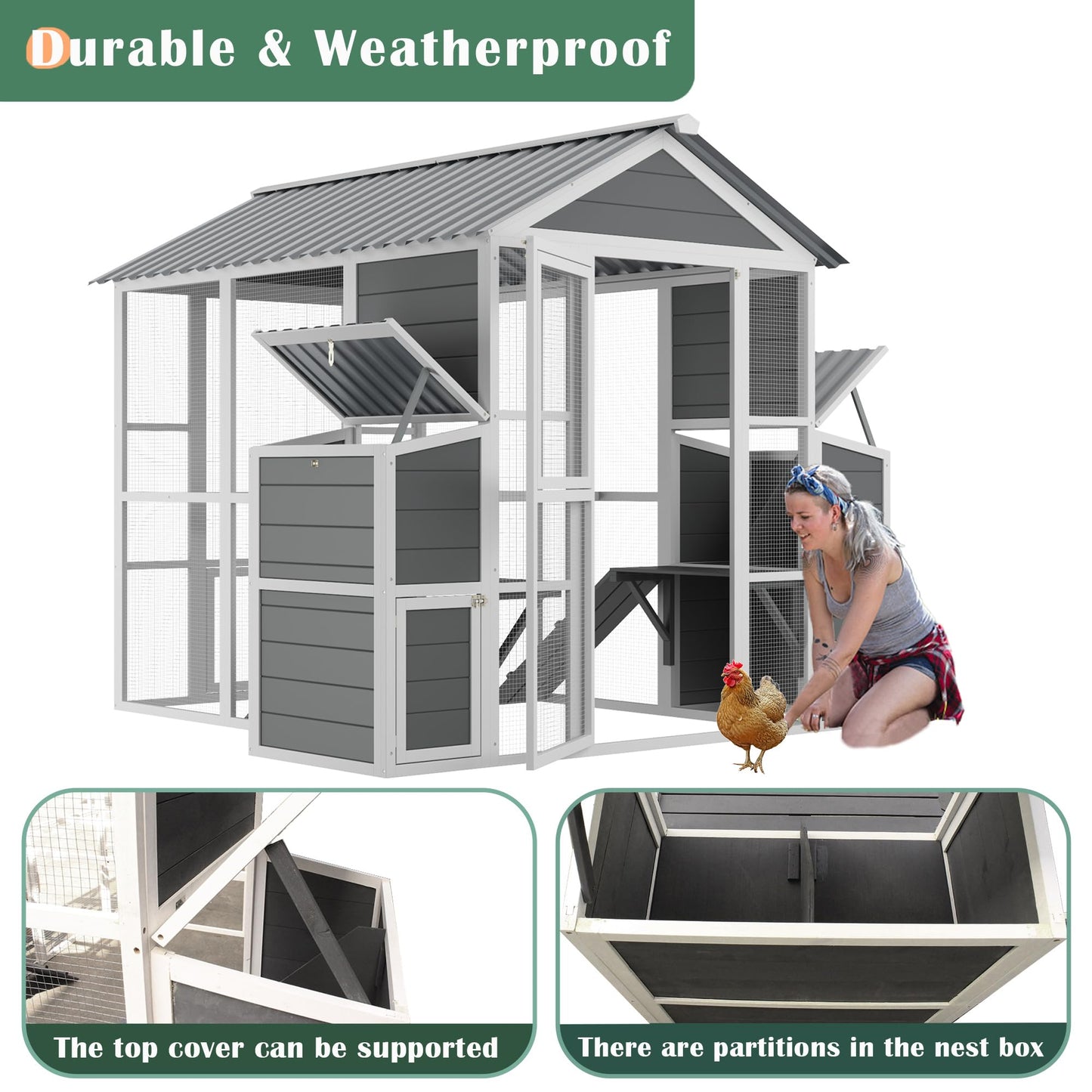 YOPTO Outdoor Wooden Chicken Coop for 10 Chickens,Large Hen House Poultry Habitat Pet Hutch Run Cage with 2 Chicken Nesting Boxes,Walk in Chicken Coops Run W/Ramp and Run,Waterproof Roof,(80"×82"×69")