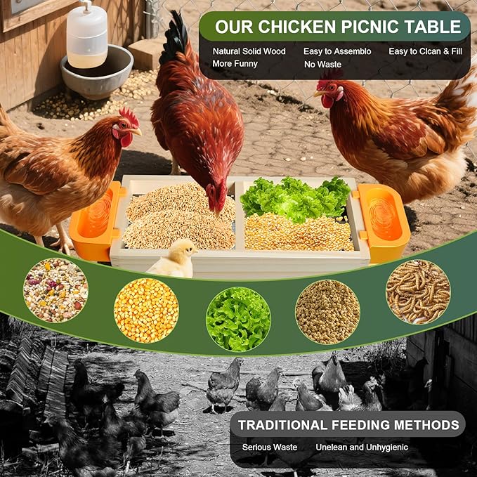 Chicken Feeder Picnic Table No Waste Wooden Picnic Table with Water Bowls Chicken Coop Accessories for Poultry Chicks, Duck, Goose, Squirrel,Turkey