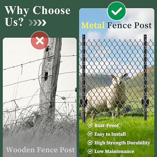 10 Pack Metal Fence Posts, 3ft Heavy Duty U-Post, Black Garden Stakes, No-Dig Post Anchors for Wire Fences, Temporary Fencing, Electric Fence, and Corner Support