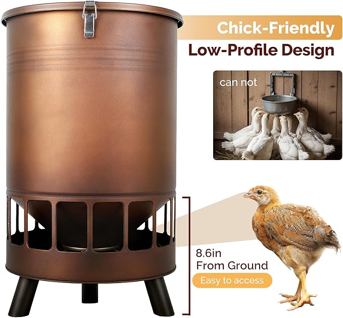 Solution4Patio 50LB No-Waste Chicken Feeder, Large Capacity Gravity Dispenser with Spill Control & 16 Feeding Ports Poultry Feeder for Outdoors & Hen Coop (Brown)