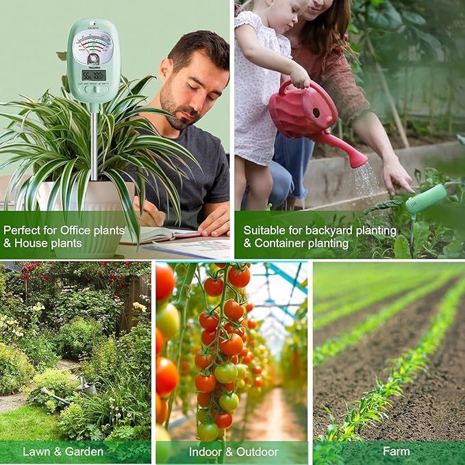 HSLGOVE Soil Test Kit, 7-in-One Soil Moisture Meter/Soil PH Meter/Fertility, Dual Screen Soil Tester w/Digital Soil Temp/Air Temp&Humidity for Plants Gardening,Lawn,Farm Indoor&Outdoor-LeafGreen