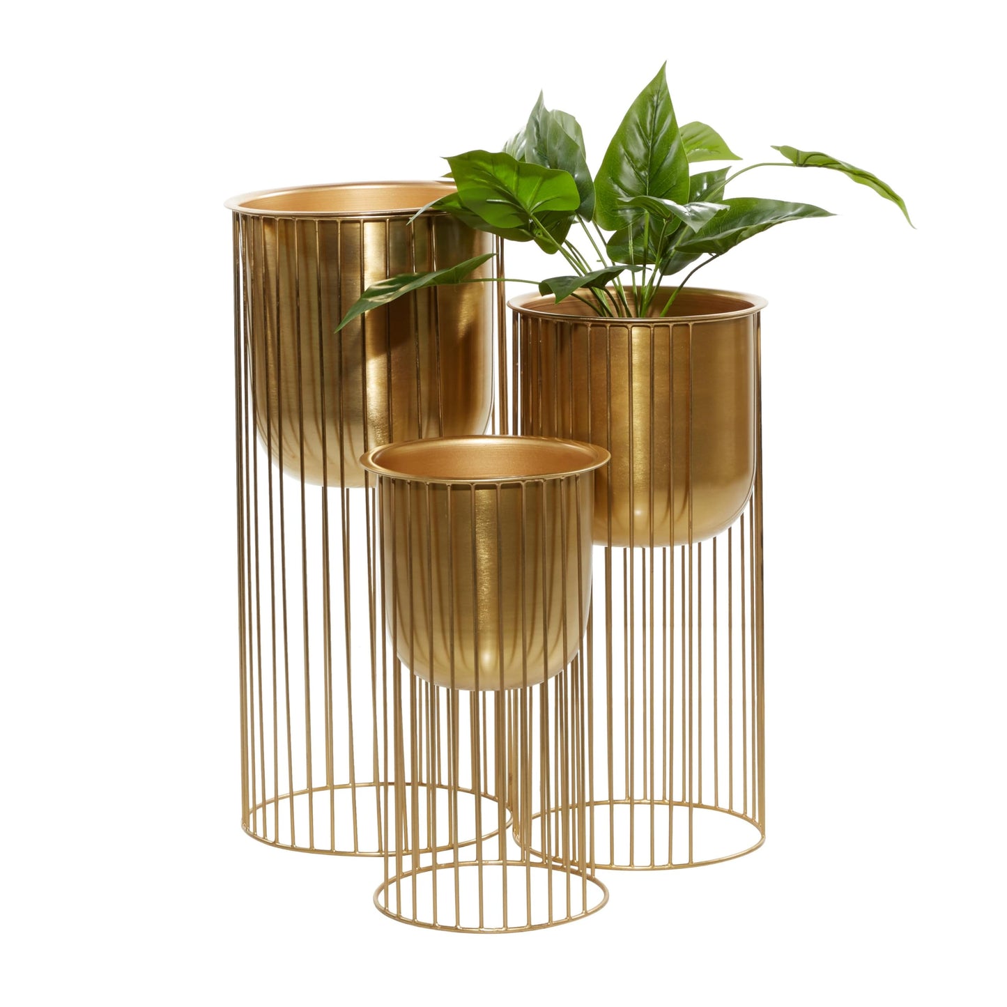Deco 79 Metal Indoor Outdoor Planter Deep Recessed Dome Large Planter Pot with Elevated Caged Stand, Set of 3 Planters 24", 20", 16"H, Gold