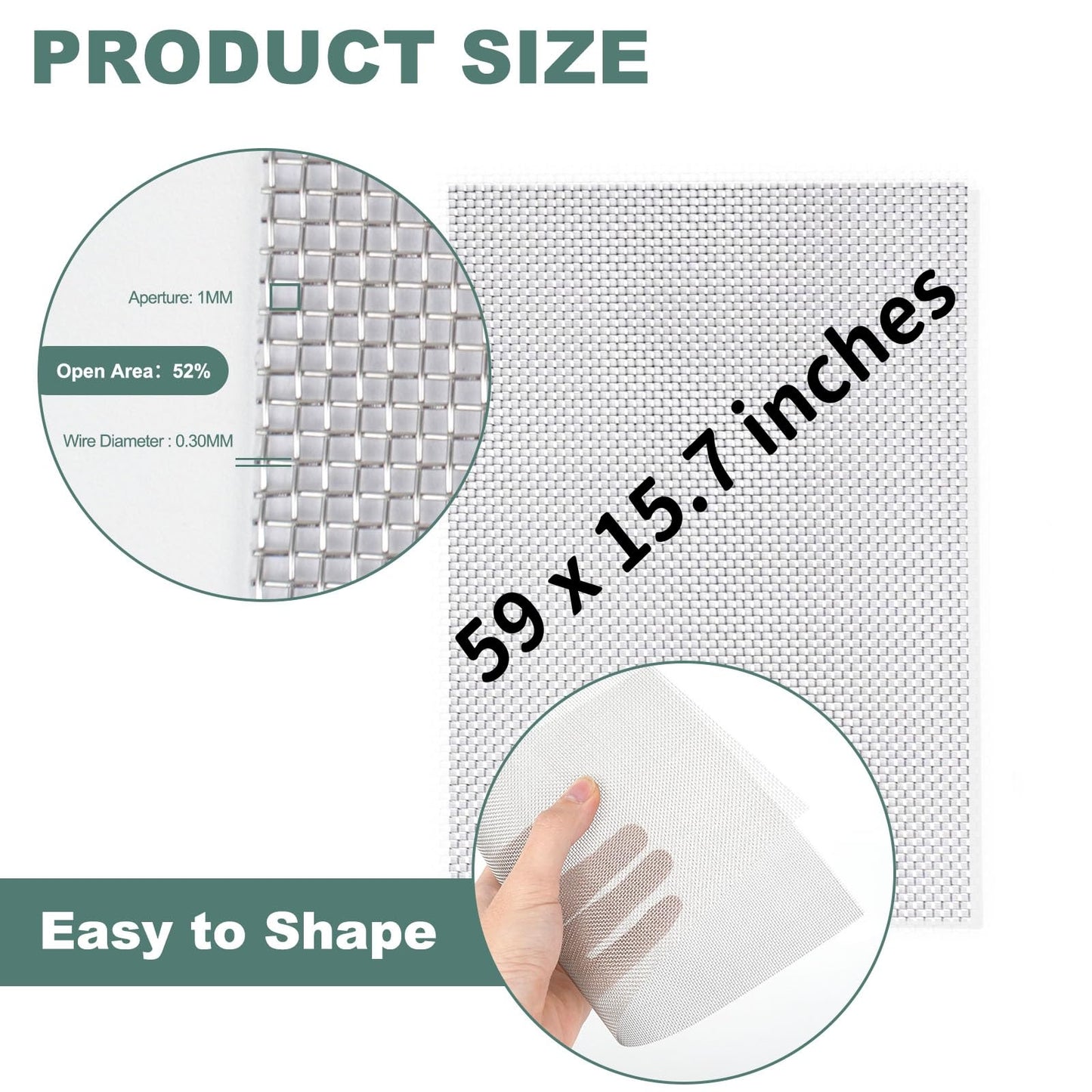 304 Stainless Steel Wire Mesh Screen,15.7 X 59 Inches, 1mm Hole 20 Mesh, No Rust and Sturdy, Easy to Cut, Heat-Resisting Metal Mesh for Vent, Window Screen Mesh, Cage, Filter Mesh, DIY Projects, etc