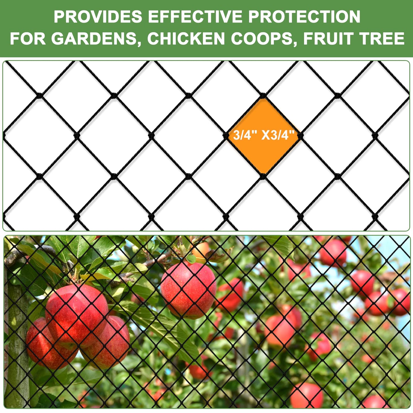 Heavy Duty Garden Netting - 100'x100' Poultry Netting for Chicken Coop, 3/4 Inch Mesh, Protects Fruits, Vegetables Against Squirrels, Deer