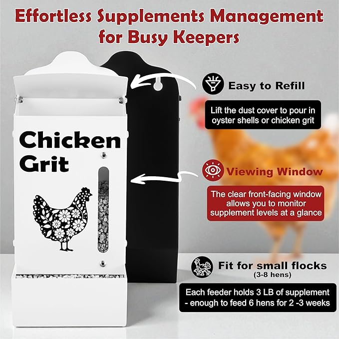 CluckRoots Chicken Grit and Oyster Shell Feeder Combo, No-Spill Weatherproof Heavy-Duty Design, Lift-Off Wall-Mounted Metal Dispenser w/View Window, Chicken Coop Accessories Gifts for Lovers Women
