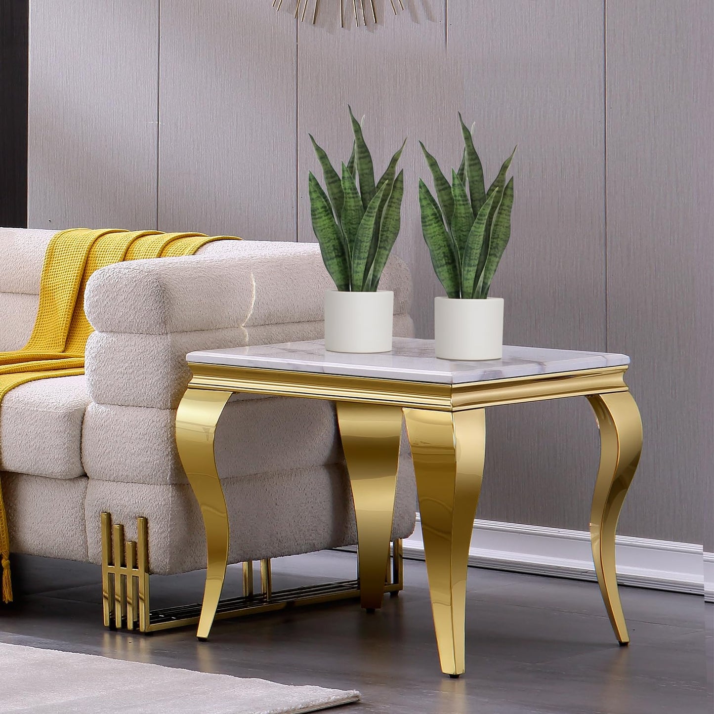 Anewsun Luxury White and Gold End Table with Faux Snake Plant Set of 2