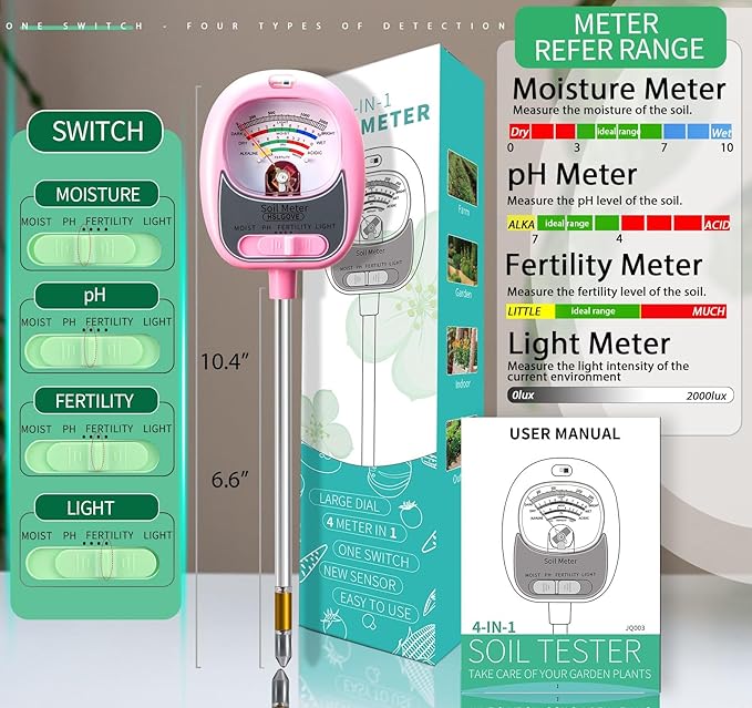 HSLGOVE Soil Test Kit,4-in-1 Soil Moisture Meter,Soil PH Meter/Fertility/Sun-Light, Large Dial Soil Tester-MilkPink