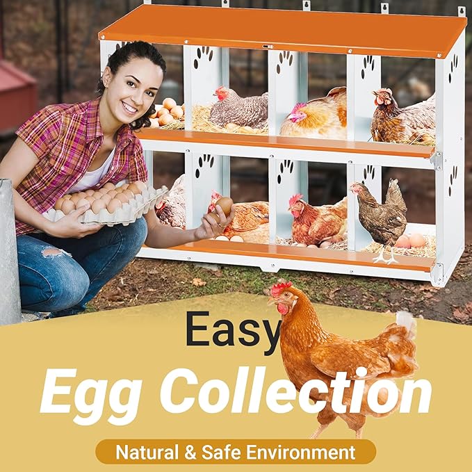 8 Compartment Chicken Nesting Box, Metal Nesting Boxes for Chicken, Indoor & Outdoor Use, Wall Mountable Laying Boxes for Hens, 42.5" L x 13.0" W x 25.0" H, Orange
