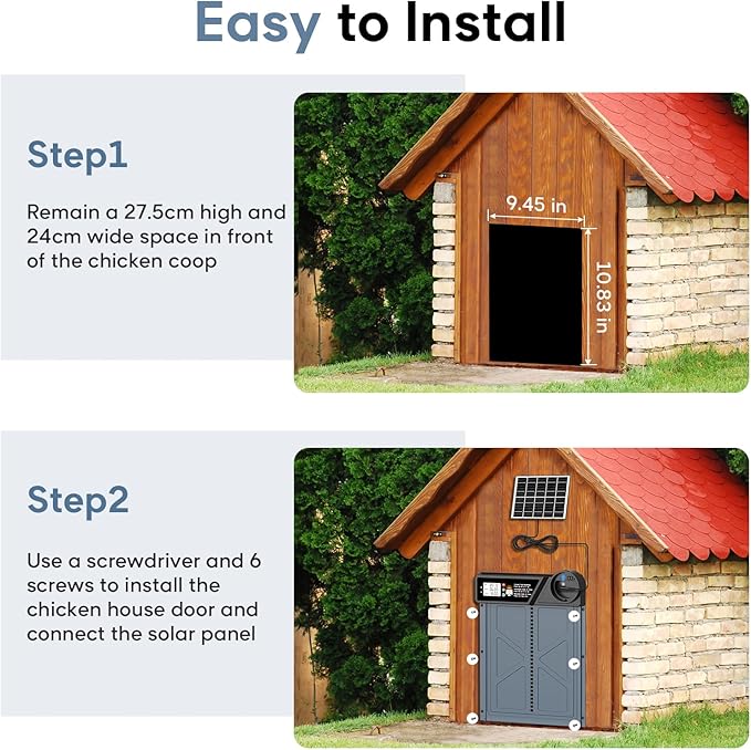 Large Size Automatic Chicken Coop Door Solar - Powered Auto Chicken Door Opener, Timer Modes for Safe and Convenient Chicken Keeping with Intelligent Obstacle Sensors, Remote Control, 14.2"H x 10.83"L