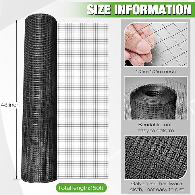 Tatuo 48in X 150ft Hardware Cloth 21 Gauge Hot Dip Galvanized After Welded Cage Mesh Rolls 1/2 Inch Metal Chicken Wire Mesh Roll Wire Fencing Poultry Netting for Raised Garden Rabbit Rodent Animals