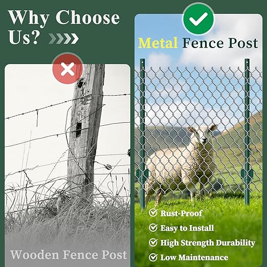 10 Pack Metal Fence Posts, 4ft Heavy Duty U-Post, Green Garden Stakes, No-Dig Post Anchors for Wire Fences, Temporary Fencing, Electric Fence, and Corner Support