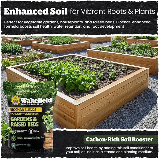 Wakefield Biochar Blend with CarbonBoost™ Technology – Enhanced Water & Nutrient Retention for Raised Bed Garden Soil - Ultimate Organic Potting Soil Mix for Vegetables, Gardens and Houseplants - 2qt