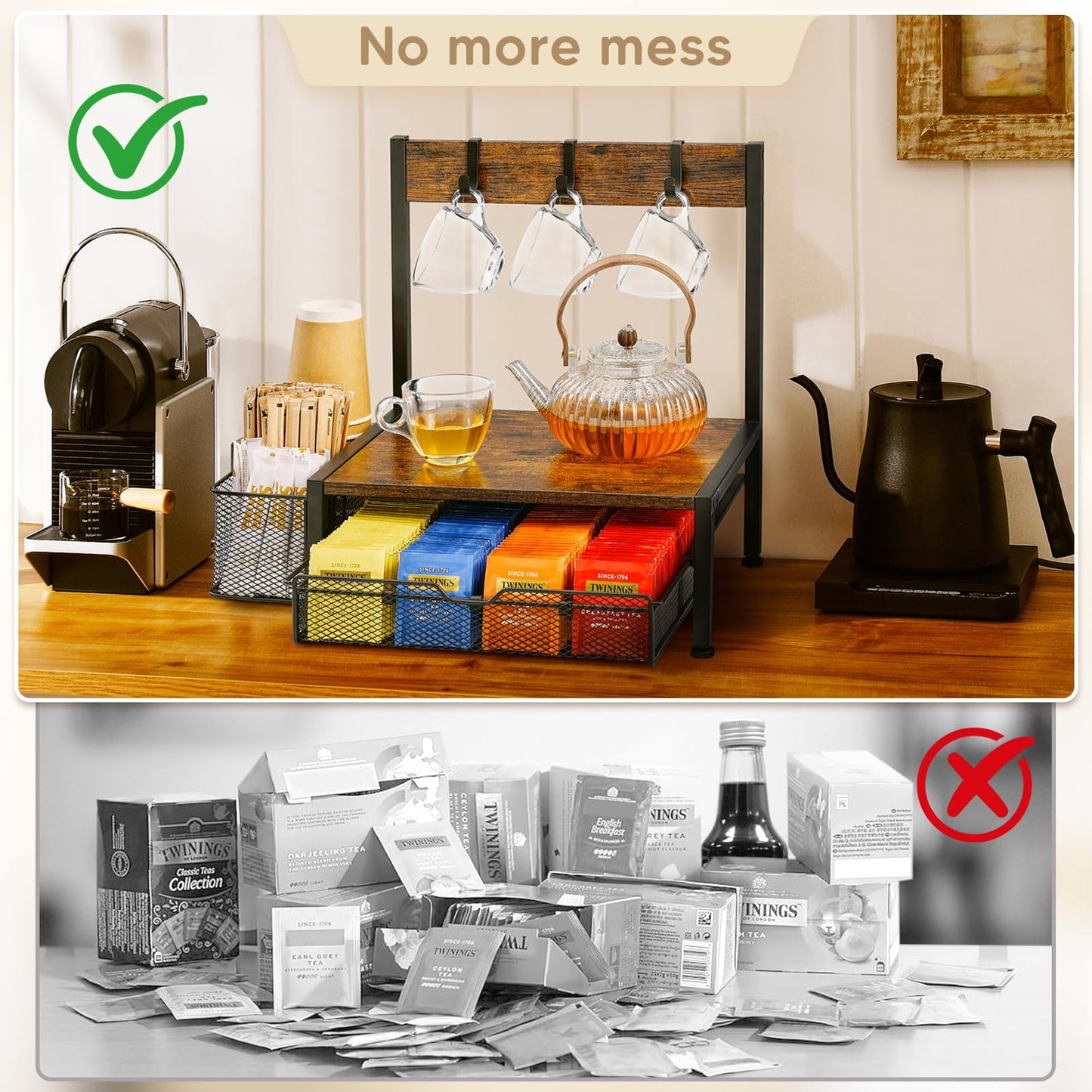DGWJSU Tea Bag Organizer, Wood Tea Organizer and Storage Cheast, Tea Bag Holder with Storage Drawer, 4 Hooks for Tea Cups Holder, Tea Station Chest Display Container Box for Countertop Kitchen, Brown