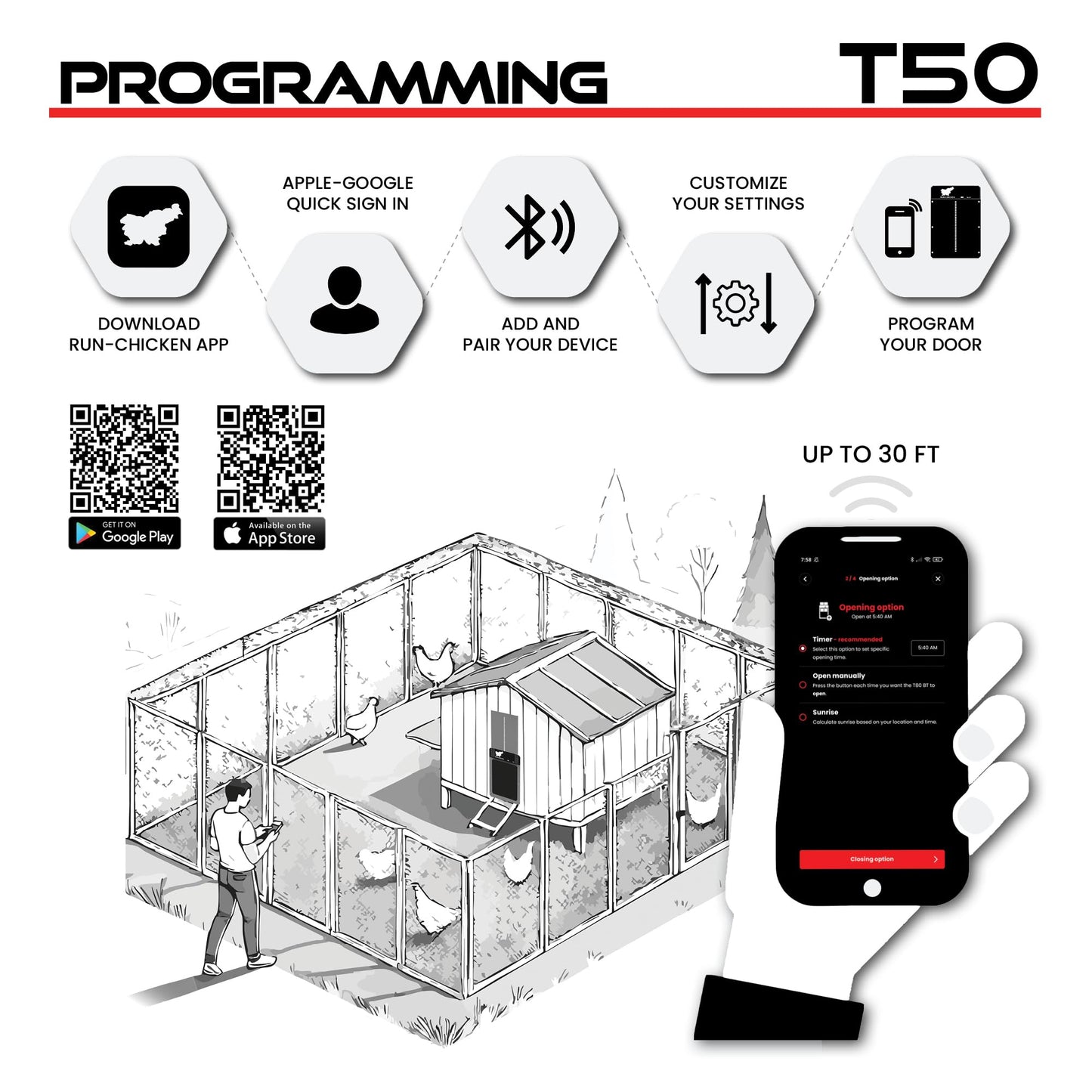 RUN-CHICKEN Door (Gray) Automatic Chicken Coop Door, Programmable with App, Battery Operated, Evening and Morning Delay, Aluminum Door,Chicken Gift, Electric Chicken Run, Model T50 Classic