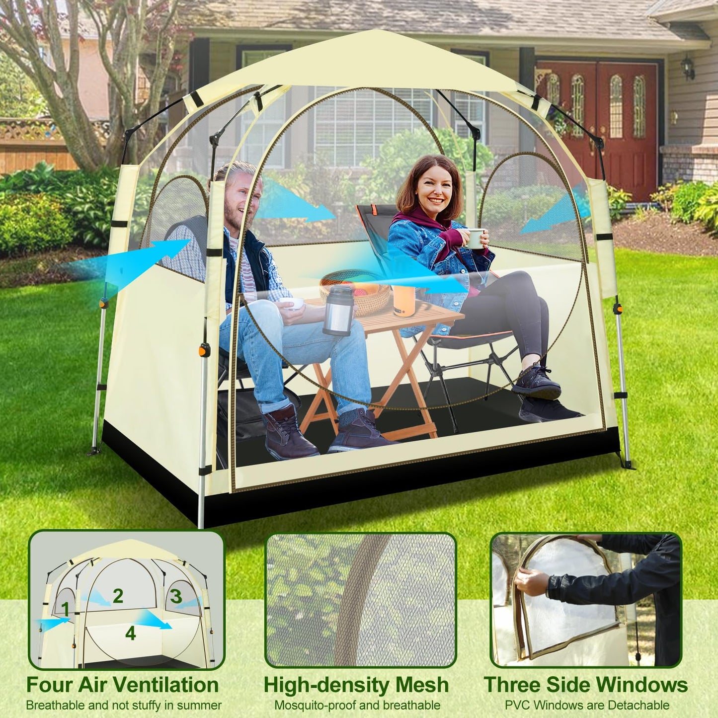 Eapele All Weather Shelter - Sports Tent with Sealed Floor for 3-4 People - Windproof with Stakes - 540° View and Mesh Windows