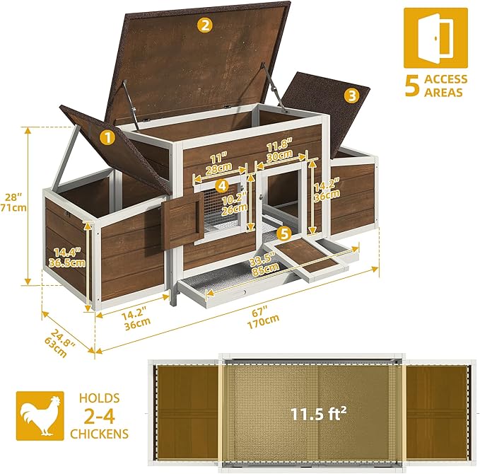 DWVO Solid Wood Chicken Coop for 4-6 Chickens, Outdoor Wooden Chicken Run Pen with 2 Nesting Boxes, Poultry Cage Rabbit Hutch Duck Coop Hen House w Weatherproof Roof & Removable Tray, Brown