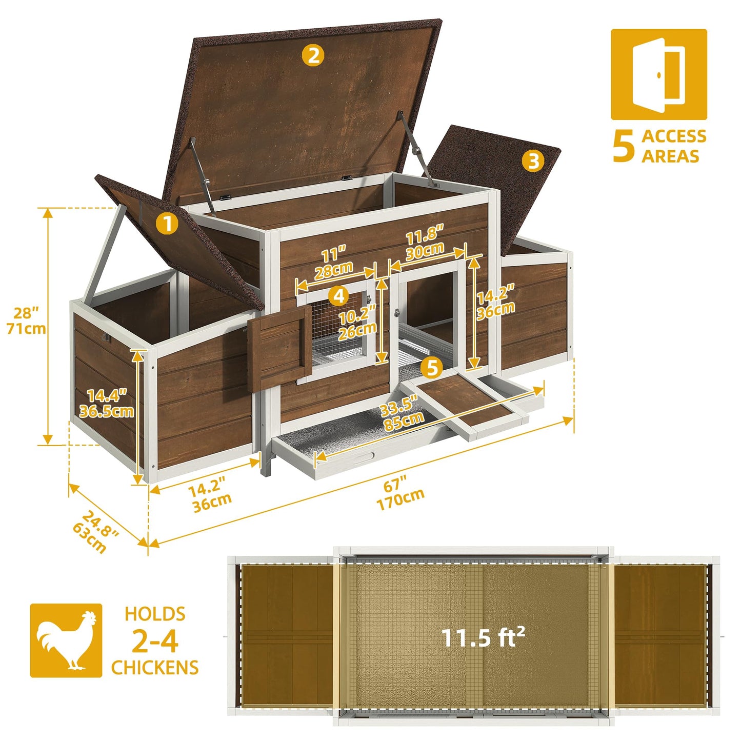DWVO Solid Wood Chicken Coop for 4-6 Chickens, Outdoor Wooden Chicken Run Pen with 2 Nesting Boxes, Poultry Cage Rabbit Hutch Duck Coop Hen House w Weatherproof Roof & Removable Tray, Brown