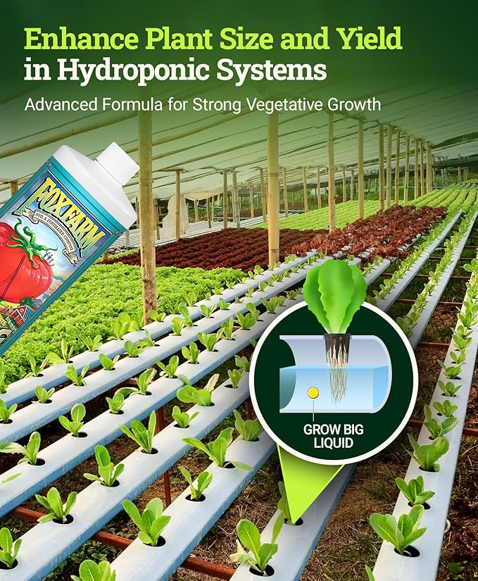 FoxFarm Grow Big Hydro Liquid Fertilizer, Plant Food with Micro Nutrients for Hydroponic Systems - Enhances Vegetative Growth, Flowering, and Fruiting - pH Adjustable, NPK 3-2-6 (Quart)