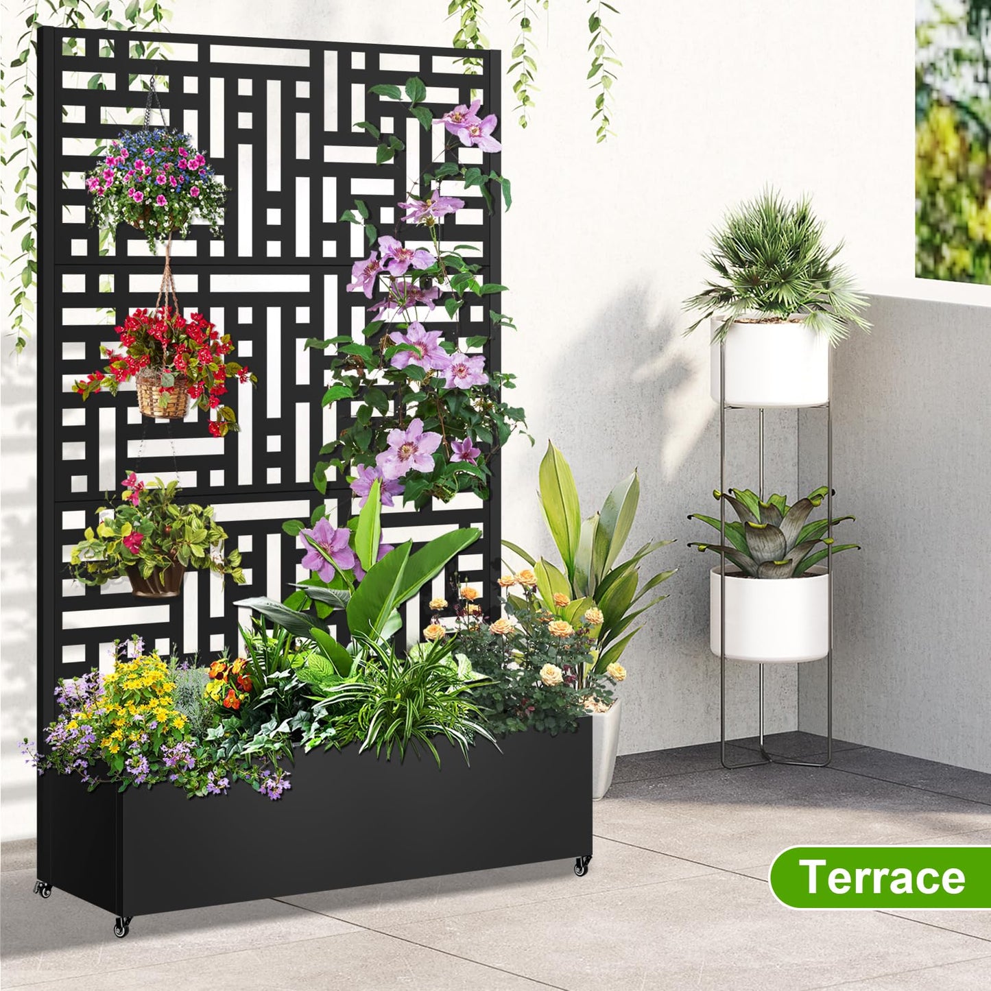 Meyoppm Metal Planter Box with Trellis, 72"x47"x16" Metal Raised Garden Bed with Trellis, Trellis Planter Box with Drainage Holes & Lockable Casters for Climbing Plants, Vegetables, and Vines
