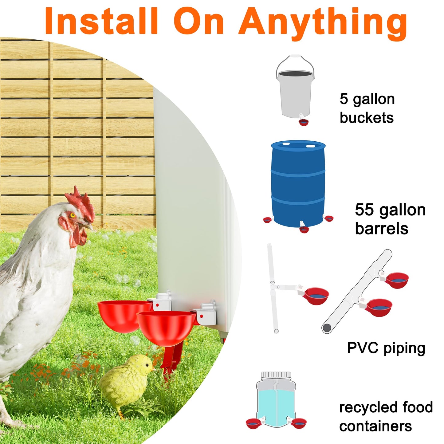 ZenxyHoC Chicken Waterer Cups, 8 Pack Automatic DIY Chicken Water Cups with 3/8'' Hole Saw