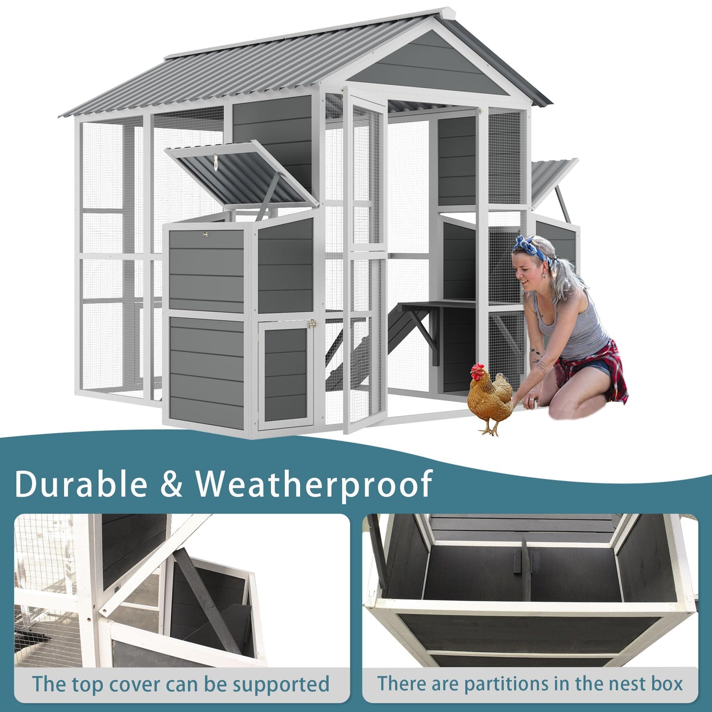 YOPTO Chicken Coop for 10 Chickens,Extra Large Wooden Chicken House Outdoor Nest Box Hen Houses with 2 Chicken Nesting Boxes,Poultry Pet Hutch w/Walk in Desgin,Ramp and Run,Waterproof Roof