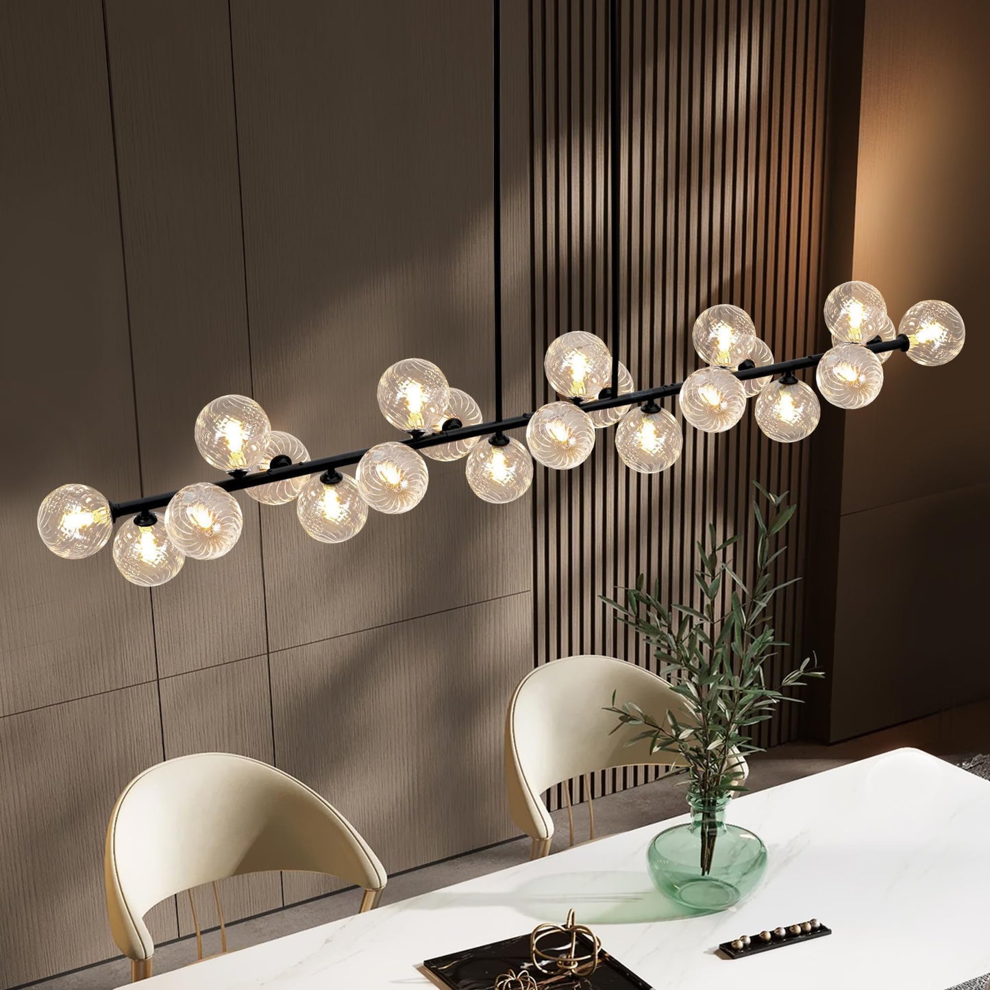 Lzawvm Modern Linear Chandeliers for Dining Room 70 Inhch Sputnik Linear Chandelier Clear Striped Glass Globe Pendant Light for Kitchen Island, Farmhouse, Living Room, Dia 70 Inch