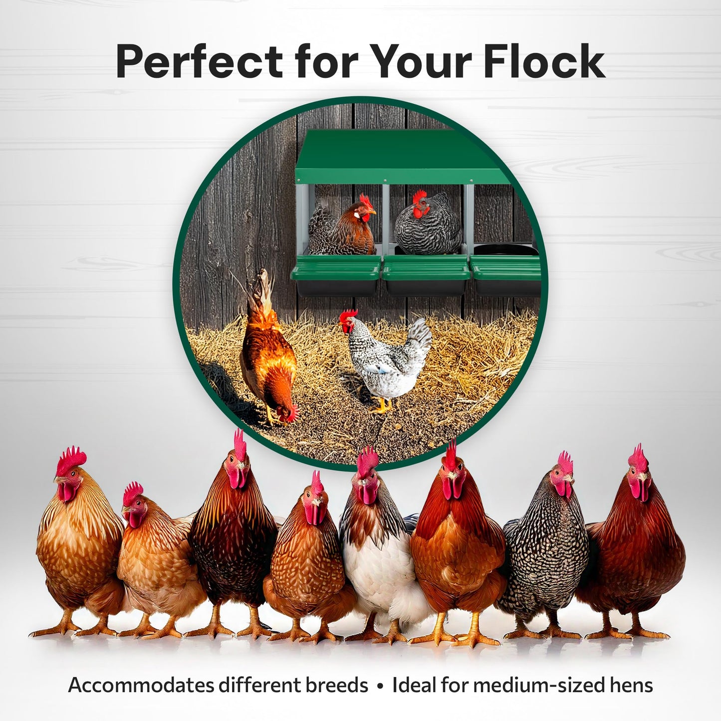 Homestead Essentials Classic Style 3 Compartment, Forward Rollout & Rollaway, Hen & Chicken Nesting Box with Integrated Perch and Protective Egg Laying Collection Lids