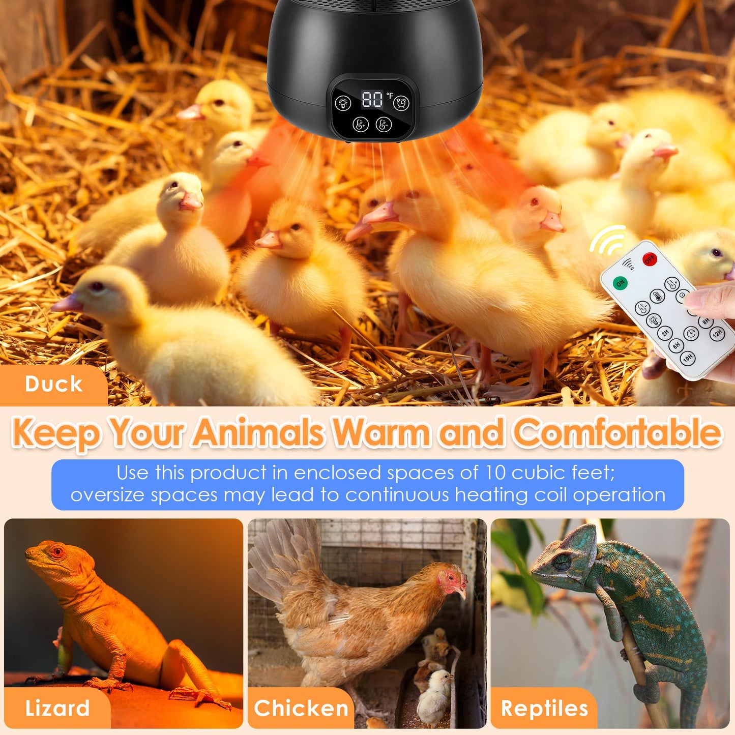 Gulfmew 1 Pack Chicken Coop Heater with Remote, 200W Chicken Coop Warmer Temperature Control with Lights, Heat Lamps for Chickens with Digital Display and 5Ft Cable for Reptiles/Duck/Lizard