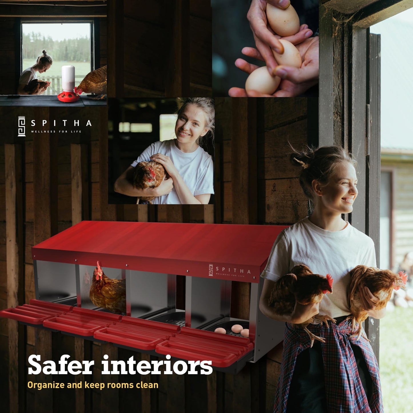 SPITHA Nesting Boxes for Chickens - 4 Hole Reverse Chicken Nesting Box Laying Eggs Coop Compartment Galvanized Stainless Steel and Plastic Nest Roll Out with Perch to 20 Hens with Lid to Protect Eggs.