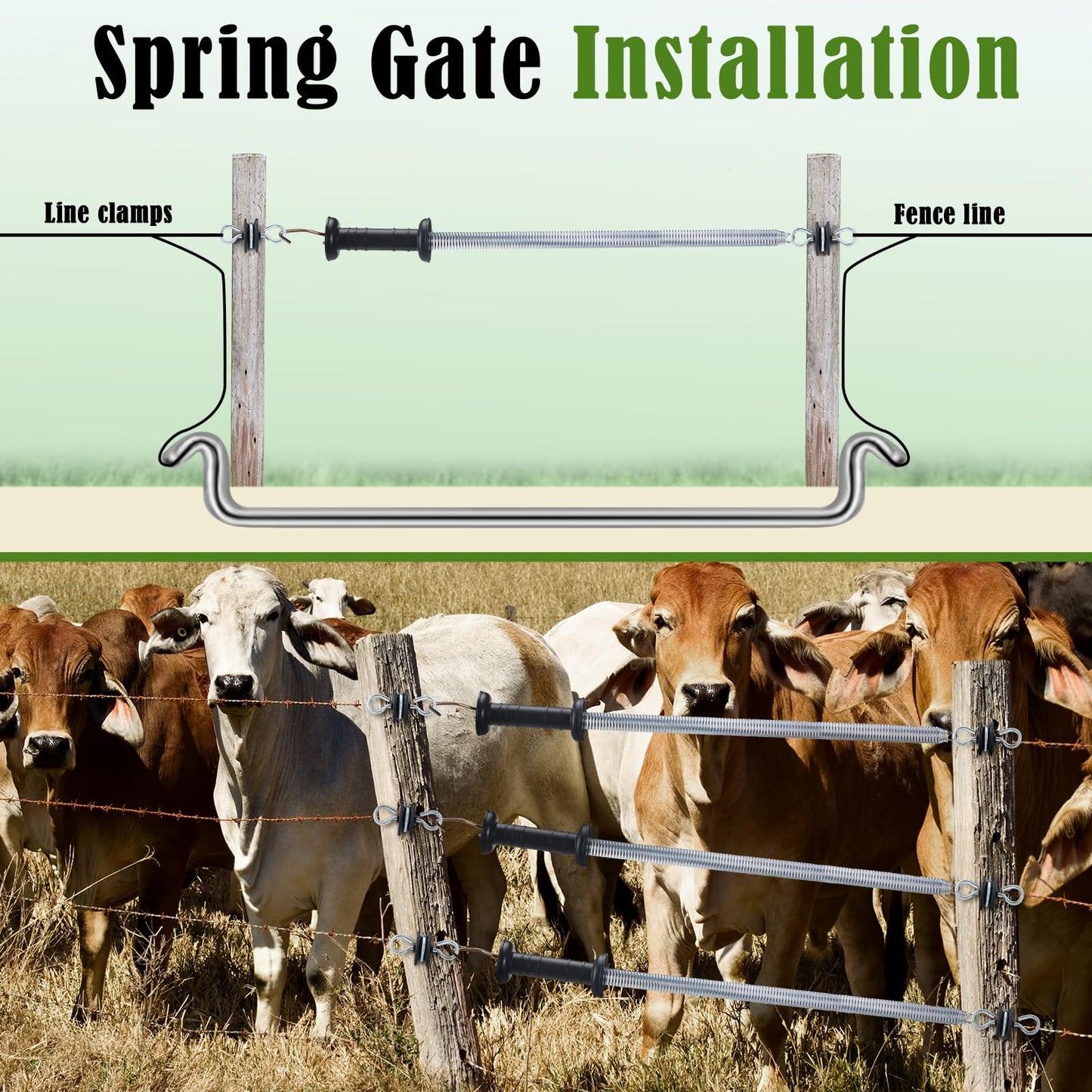 Hicarer 4 Set Electric Fence Spring Gate Handles Kit, Fence Handles with Spring, Corner End Screw-in Ring Insulators, 16 Feet Retractable Electric Gate, Black