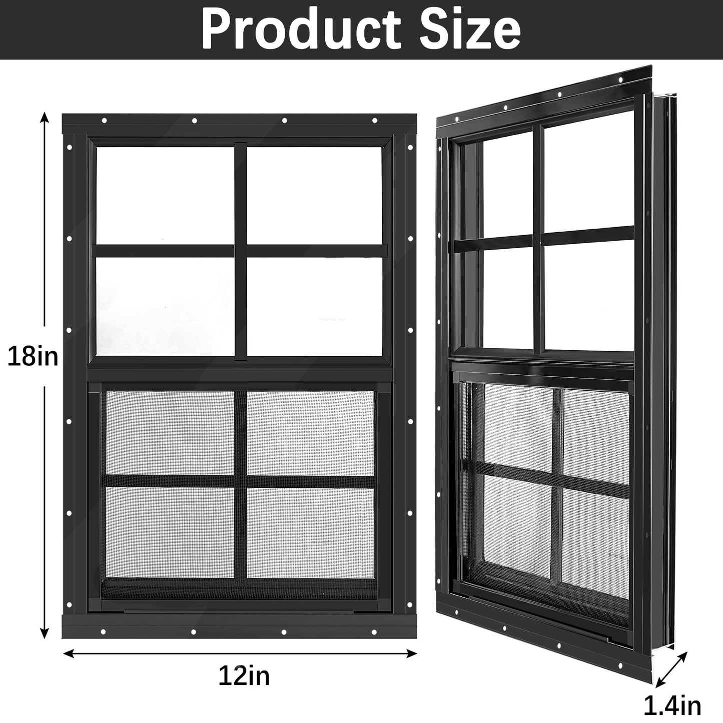 12 * 18 Inch Chicken Coop Window, 2 Pack Black Chicken Coop Shed Household Mobile Home House Small Screen Windows