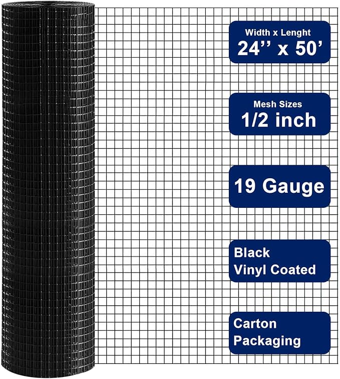 Black Hardware Cloth 1/2 in. x 2 ft. x 50 ft. 19-Gauge, Vinyl Coated Chicken Wire Mesh Roll, Welded Wire Fencing, Garden Fence, Chicken Wire Fence Roll