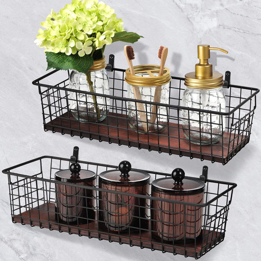 SheeChung 2 Set [Extra Large] Portable Metal Farmhouse Wall Decor Storage Organizer Basket Bin with Handles & Floating Shelves for Hanging in Bathroom,Kitchen,Office-Wall Mount Hooks (2, Black)